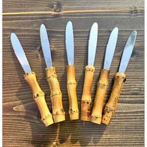 Vintage Horchow Serrated Bamboo Handle Steak Knives Set 6 Japan Chinoiserie Boxe